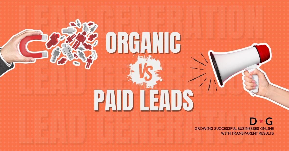 On the left, a hand holds a magnet to attract a target audience, symbolising organic leads. On the right, another hand holds a megaphone to represent paid leads, broadcasting a product message.
