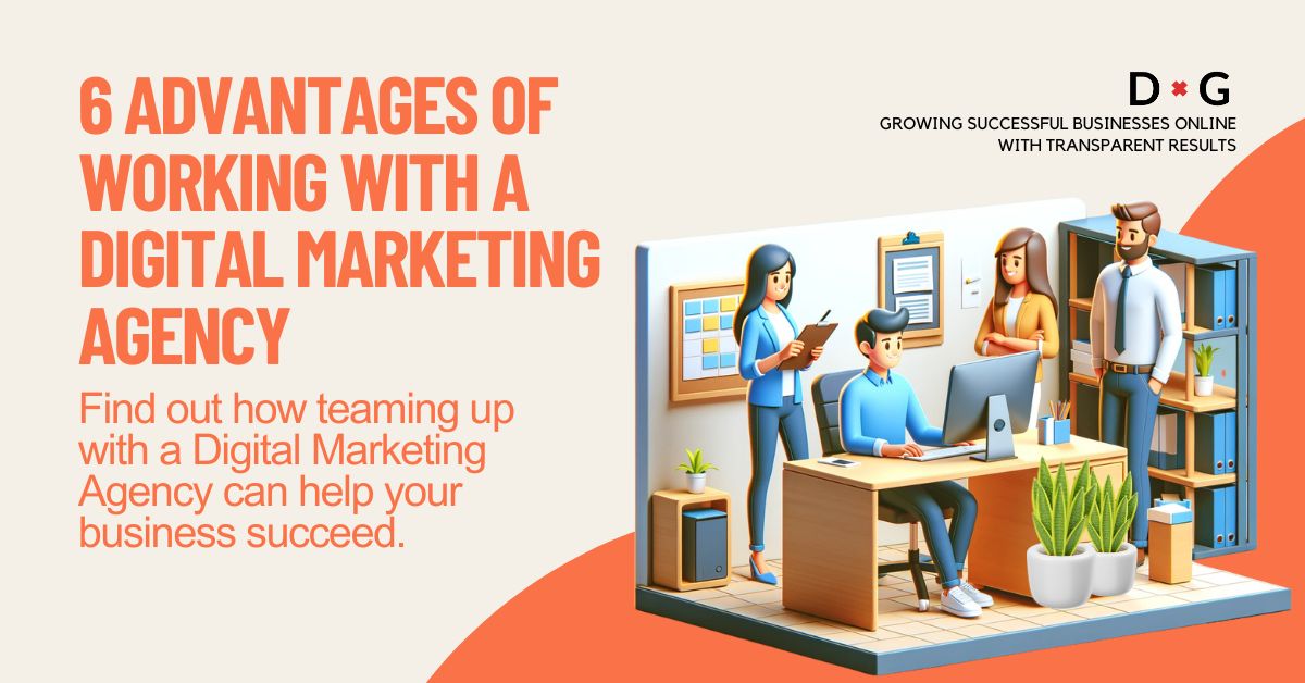Digital marketing team collaborates at a workstation, highlighting the six core benefits of partnering with a Digital Marketing Agency, as promoted by Digital Guide Australia.