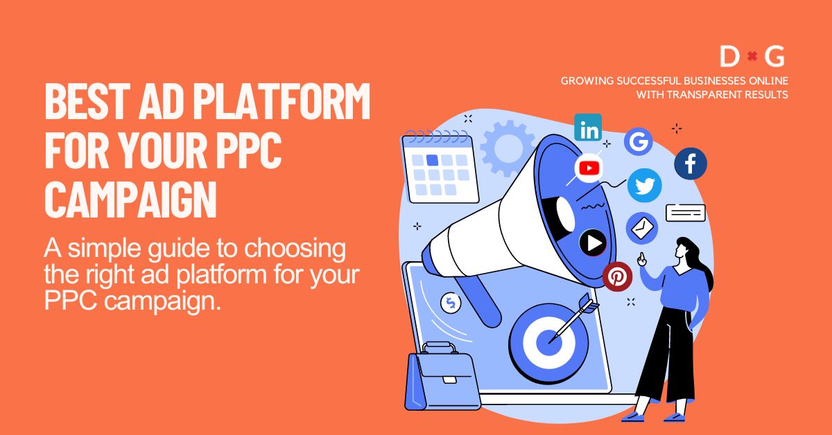 Graphic banner titled 'BEST AD PLATFORM FOR YOUR PPC CAMPAIGN' with an illustration of a woman standing next to a large megaphone pointing towards icons of various social media platforms including LinkedIn, Google, Facebook, Twitter, YouTube, Pinterest, and Instagram, symbolising the targeting of ads across multiple platforms.