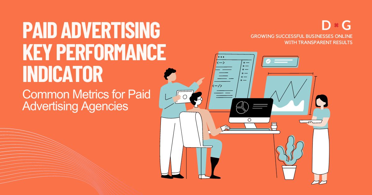 Illustration of a team analysing paid advertising KPIs on computer and mobile devices, with text 'Paid Advertising Key Performance Indicator' and subtext 'Common Metrics for Paid Advertising Agencies' against an orange background.