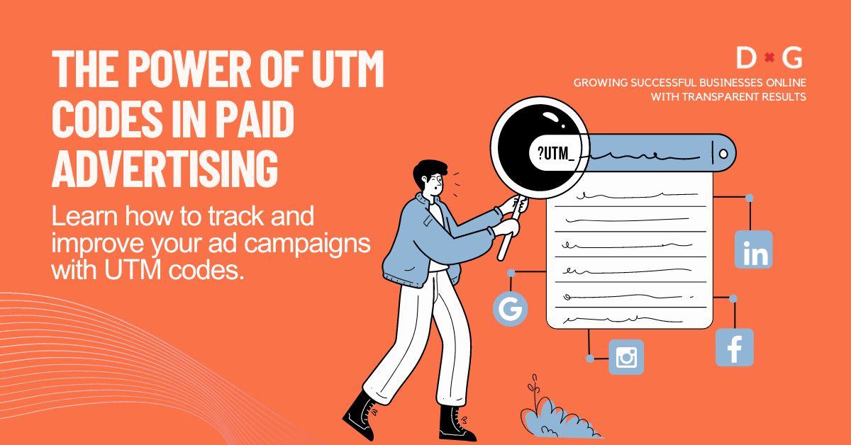 Illustration of a man with a magnifying glass focusing on 'UTM' within a browser window, against a backdrop titled 'The Power of UTM Codes in Paid Advertising,' with subtext 'Learn how to track and improve your ad campaigns with UTM codes'with interconnected social media icons for Facebook, LinkedIn, Google, and Instagram.