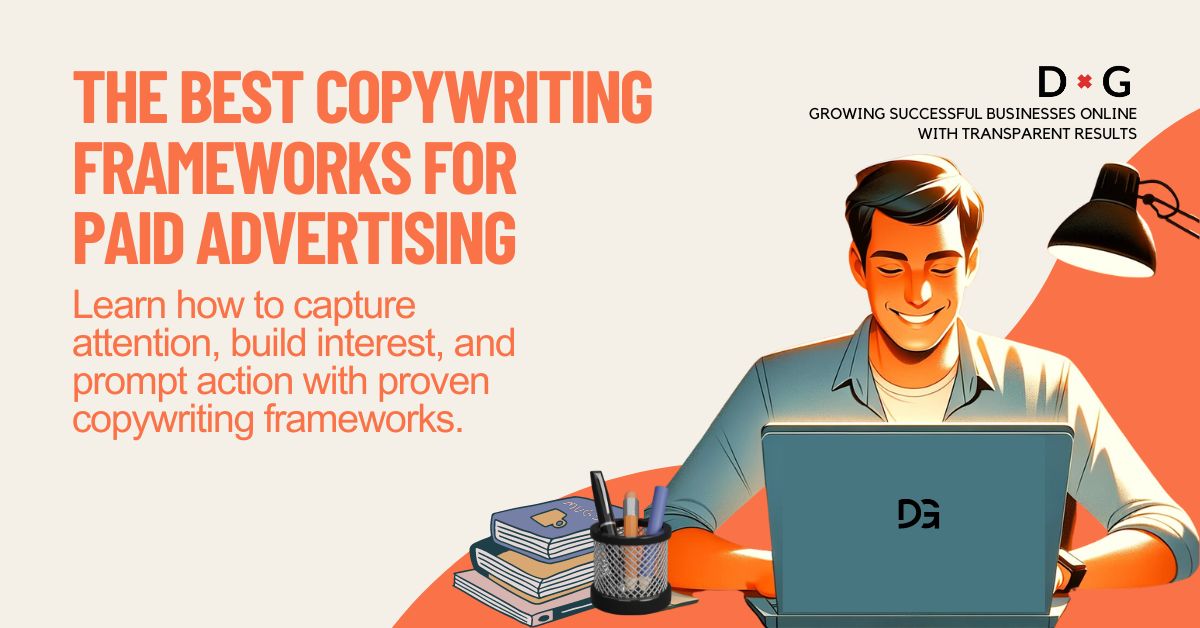 Smiling copywriter typing on a laptop with an orange background, next to text 'The Best Copywriting Frameworks for Paid Advertising' with subtext 'Learn how to capture attention, build interest, and prompt action with proven copywriting frameworks'.