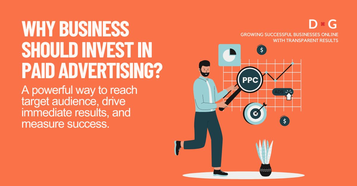 Illustration of a professional man analysing PPC advertising with a magnifying glass, with icons representing growth, target accuracy, and financial success, against an orange background with the text 'Why Business Should Invest in Paid Advertising? Topic that talks about the Benefits of Paid Advertising.