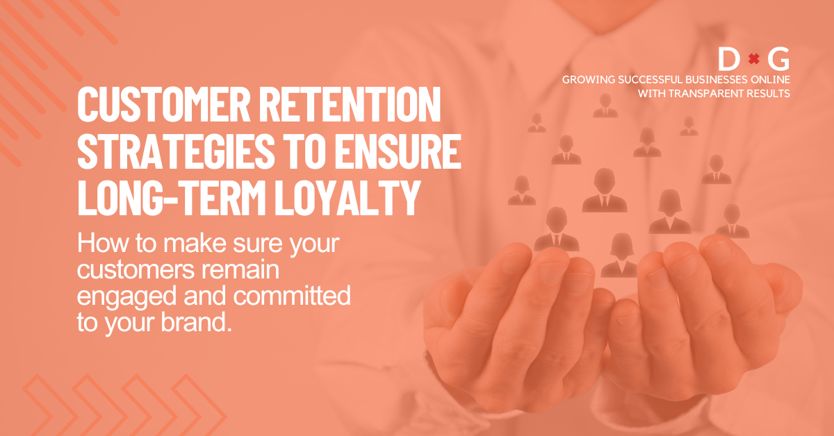 Digital graphic promoting customer retention strategies with the text "Customer Retention Strategies to Ensure Long-Term Loyalty" and an image of a person holding icons representing customers in their hand.