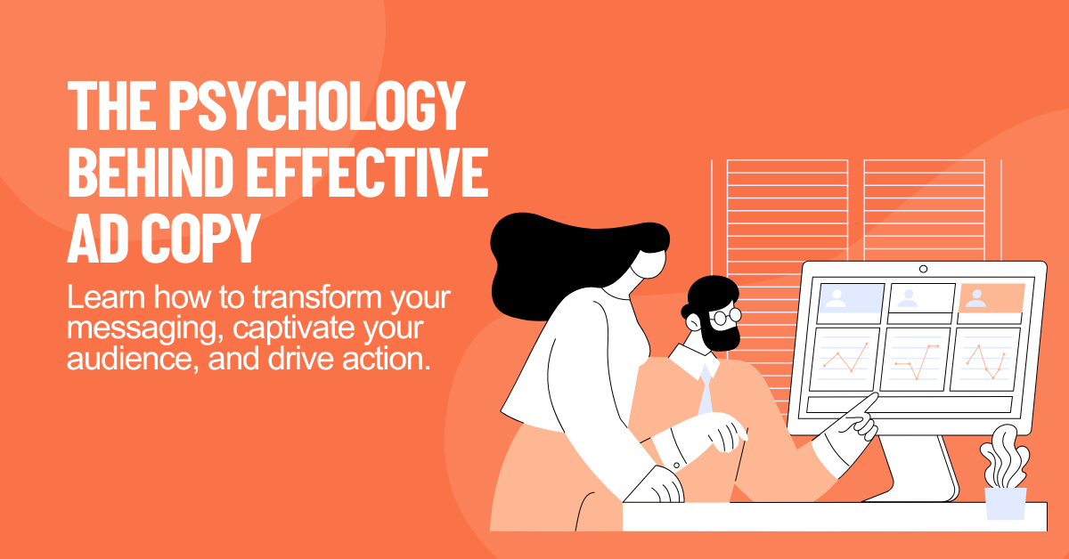 Two professionals, one female with long black hair and a man with a beard and glasses, analyse graphs on a computer screen. The screen displays user profiles and charts, reflecting a focus on the psychology of effective ad copy.