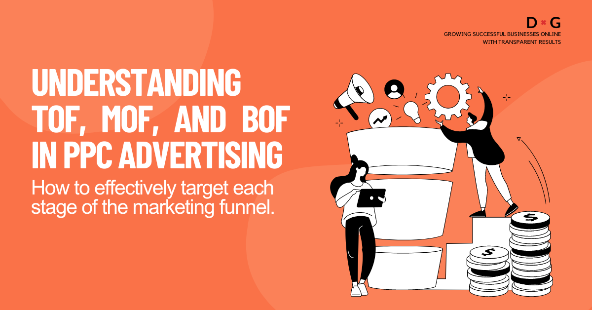 Illustration showing stages of the marketing funnel with people interacting, representing Top of Funnel (TOF), Middle of Funnel (MOF), and Bottom of Funnel (BOF) in PPC advertising.