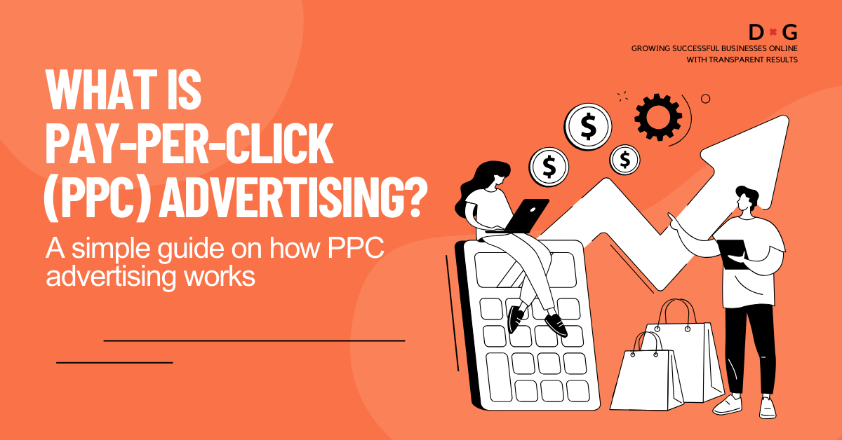 Illustration of two people discussing Pay-Per-Click (PPC) advertising with a rising graph, dollar signs, and shopping bags, depicting how PPC helps businesses attract customers quickly.