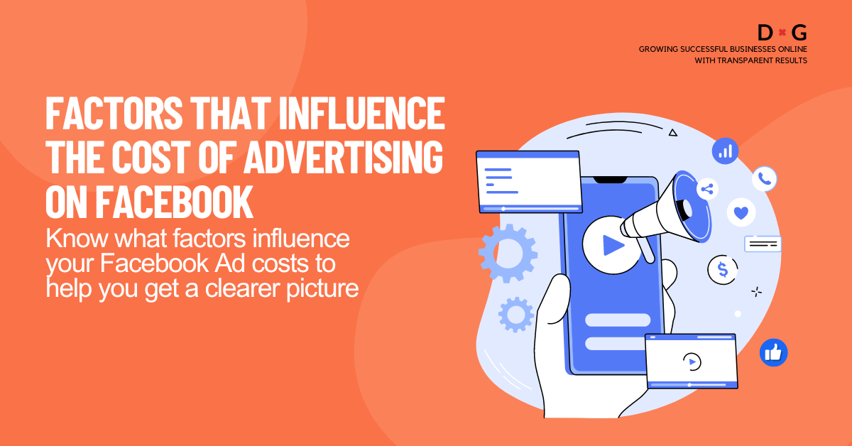 Factors that influence the cost of advertising on Facebook with a graphic of a hand holding a smartphone surrounded by digital marketing icons.