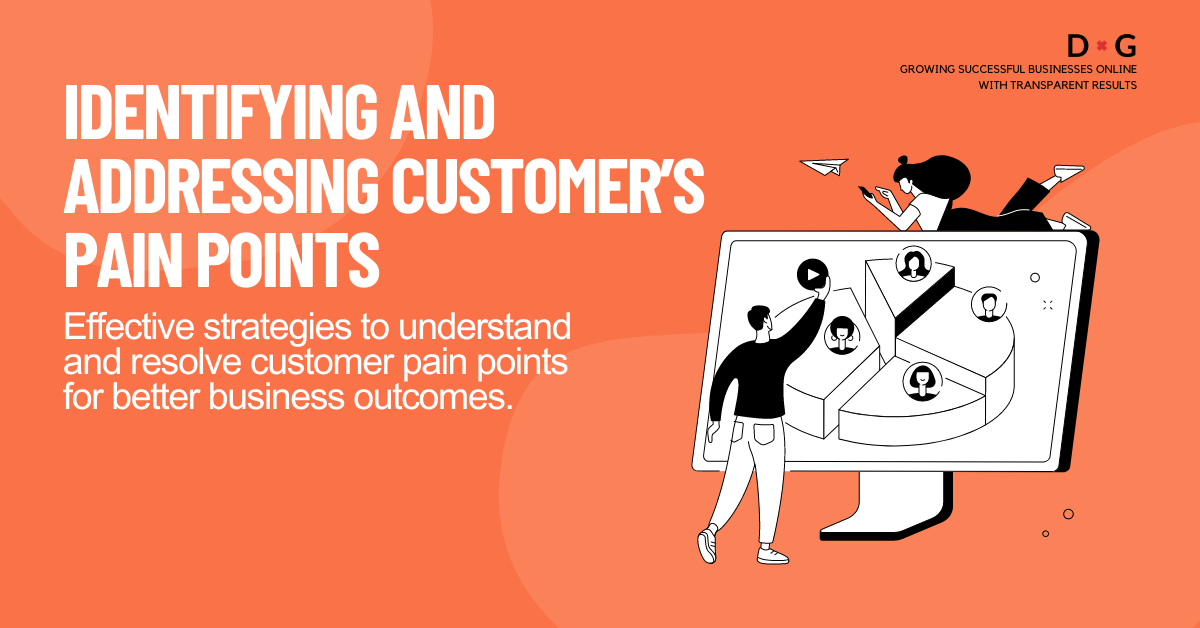 Illustration of two people interacting with a computer screen displaying pie charts and customer profiles, representing strategies to understand and resolve customer challenges for better business outcomes. With the title 'Identifying and Addressing Customers Pain Points" with subtitle 'Effective strategies to understand and resolve customer pain points for better business outcomes'.