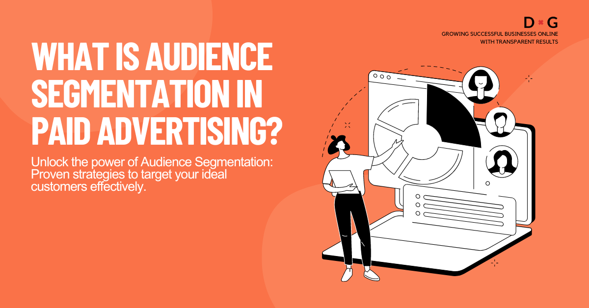 Graphic illustrating audience segmentation in paid advertising with a marketer analysing segmented customer data on a computer screen.