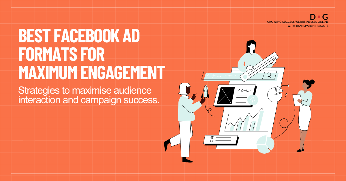 Illustration of marketers creating Facebook ad campaigns with graphs and visuals, showcasing strategies for maximum engagement.