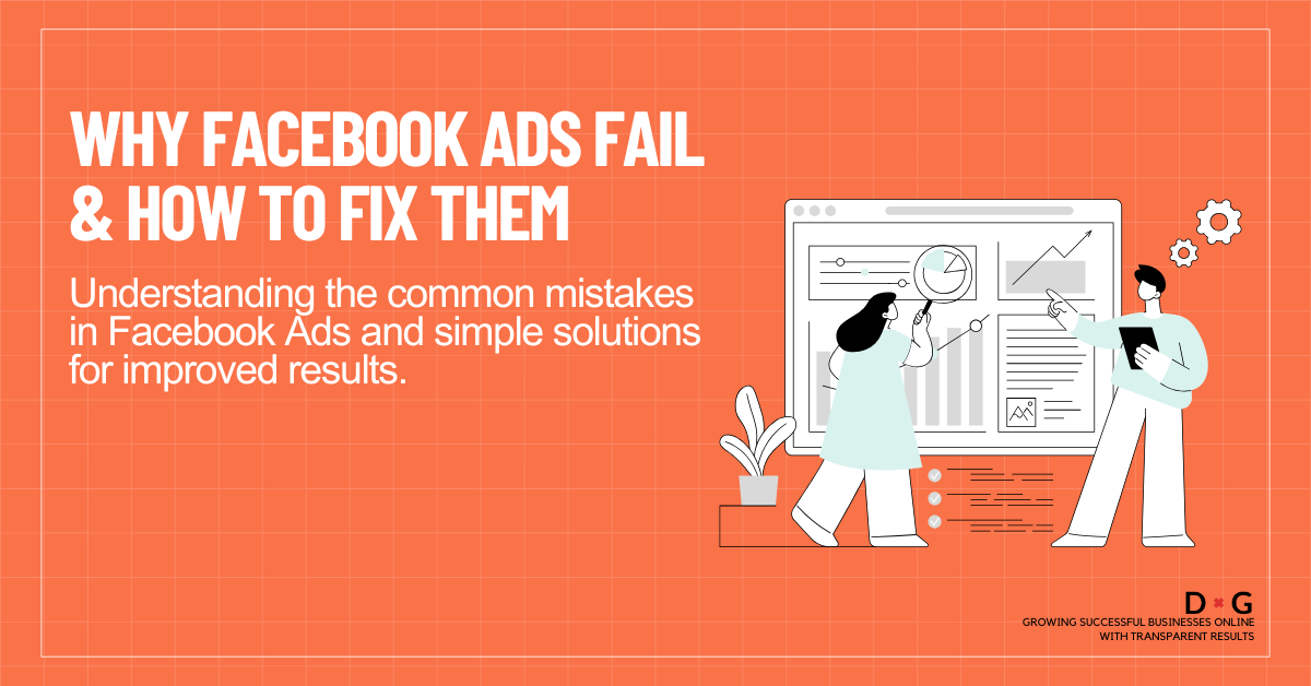 Illustration explaining why Facebook ads fail and how to fix them, with characters reviewing data and solutions for better results.