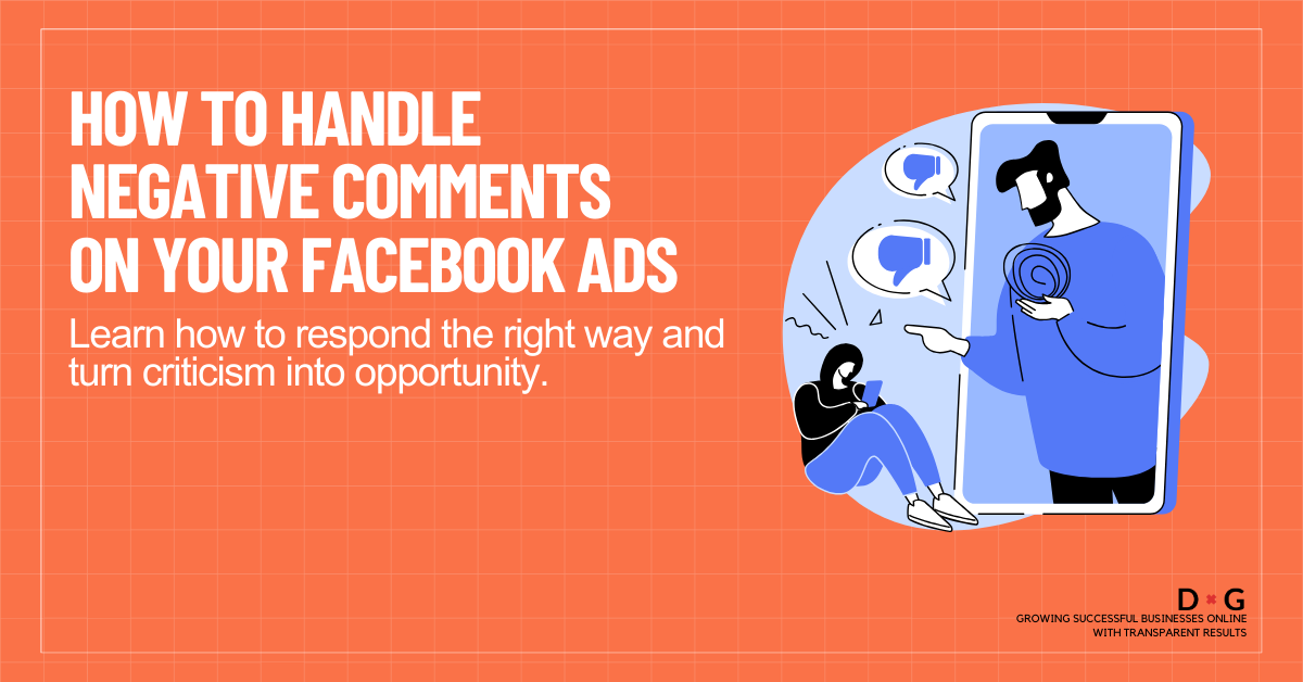 Illustration of a person receiving negative comments on their phone, with a large figure emerging from the screen pointing at them, symbolising online criticism on Facebook ads.