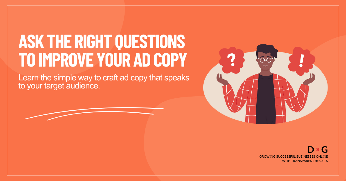 Illustration of a person holding question and exclamation symbols, highlighting the importance of asking the right questions in paid ad copy.
