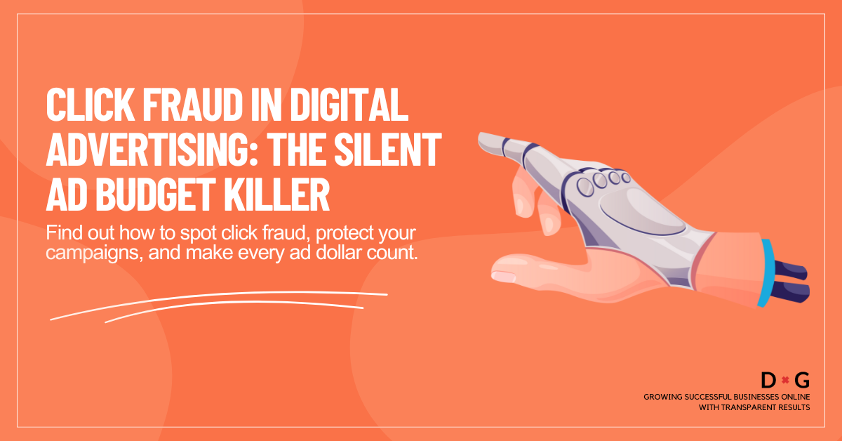 Illustration of a robotic hand reaching toward a human hand, representing click fraud in digital advertising.