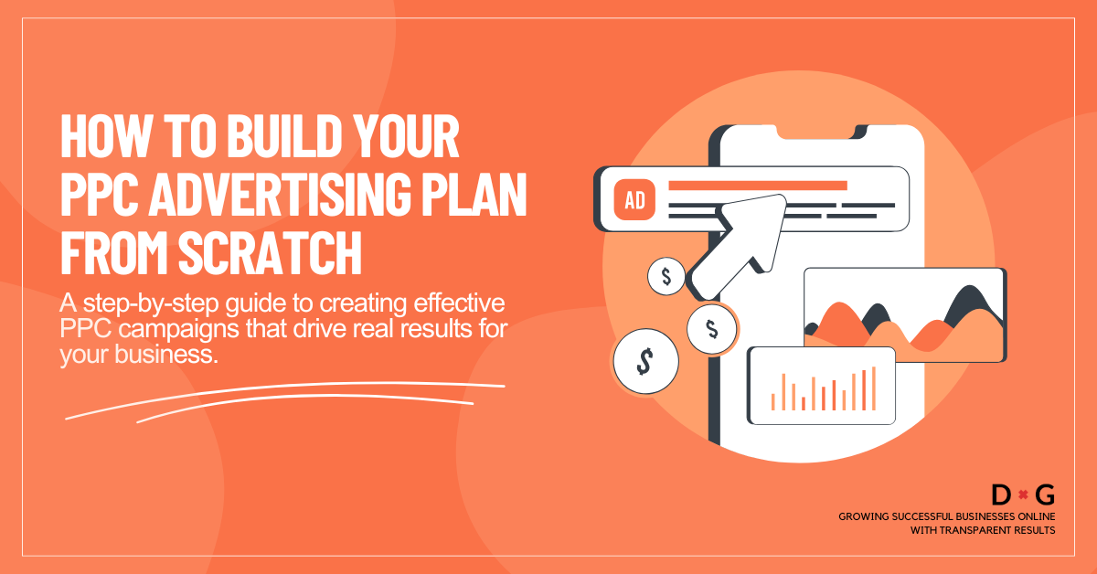 Illustration of a step-by-step PPC advertising guide showing ad clicks, charts, and mobile screen