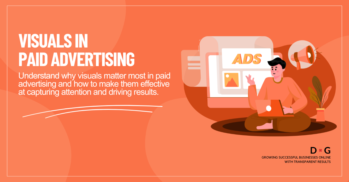 Illustration of a person using a laptop to create visuals in paid advertising, with ad design elements and bright orange branding.