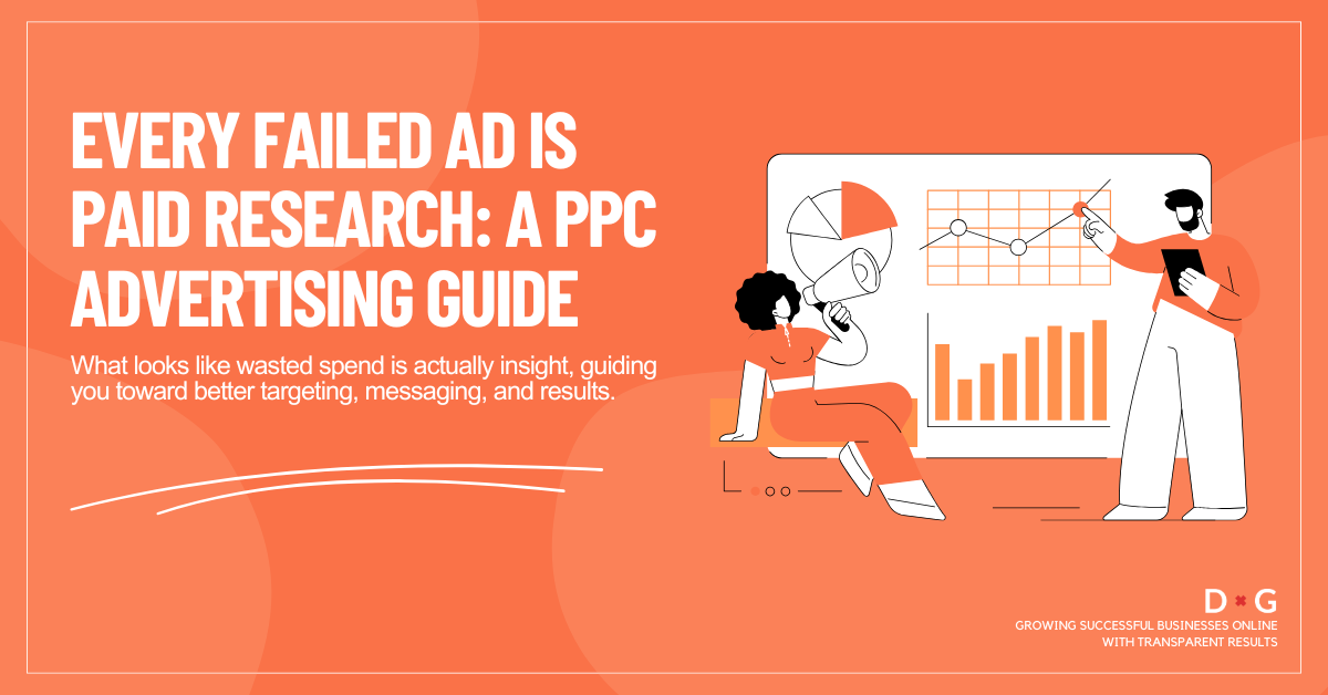 Orange header graphic with the title “Every Failed Ad Is Paid Research: A PPC Advertising Guide” plus marketers analysing PPC charts.
