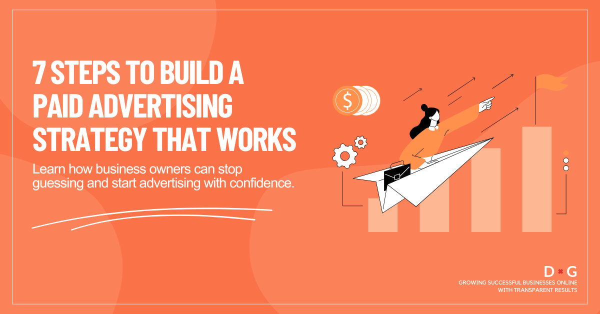 Illustration of a businesswoman flying on a paper plane above bar charts, representing growth from a paid advertising strategy.