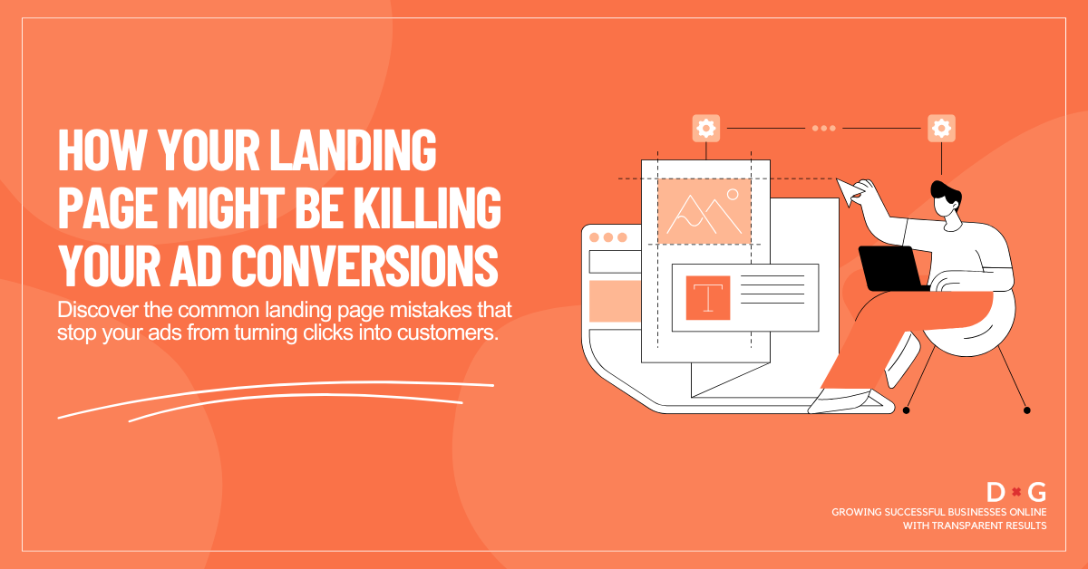 Flat illustration of a marketer analysing a landing page with clear sections and CTAs, showing mistakes to fix for a landing page that converts and lifts ad ROI.