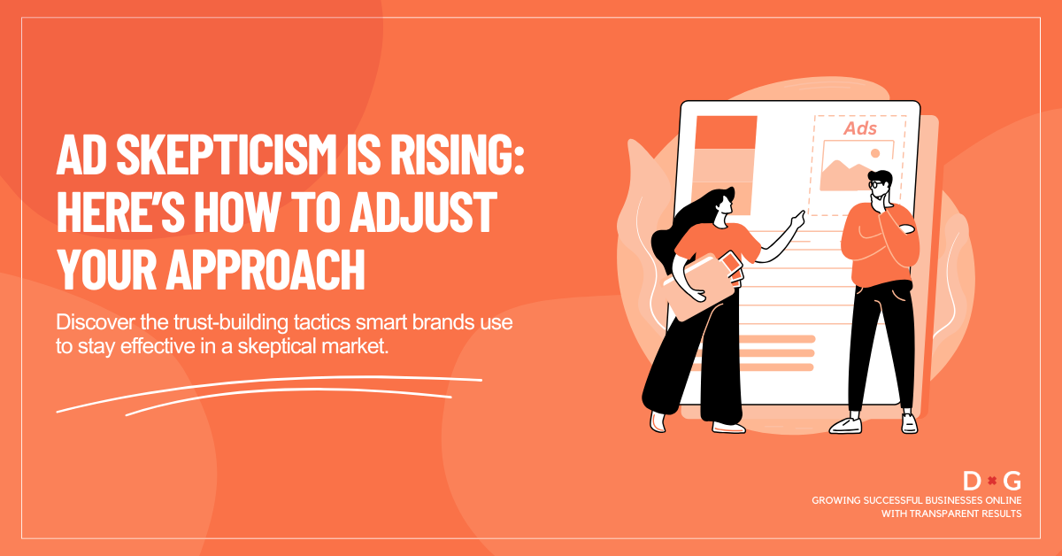 Illustration of two people discussing online advertising with visible ad content, representing the rise of ad skepticism in digital marketing.