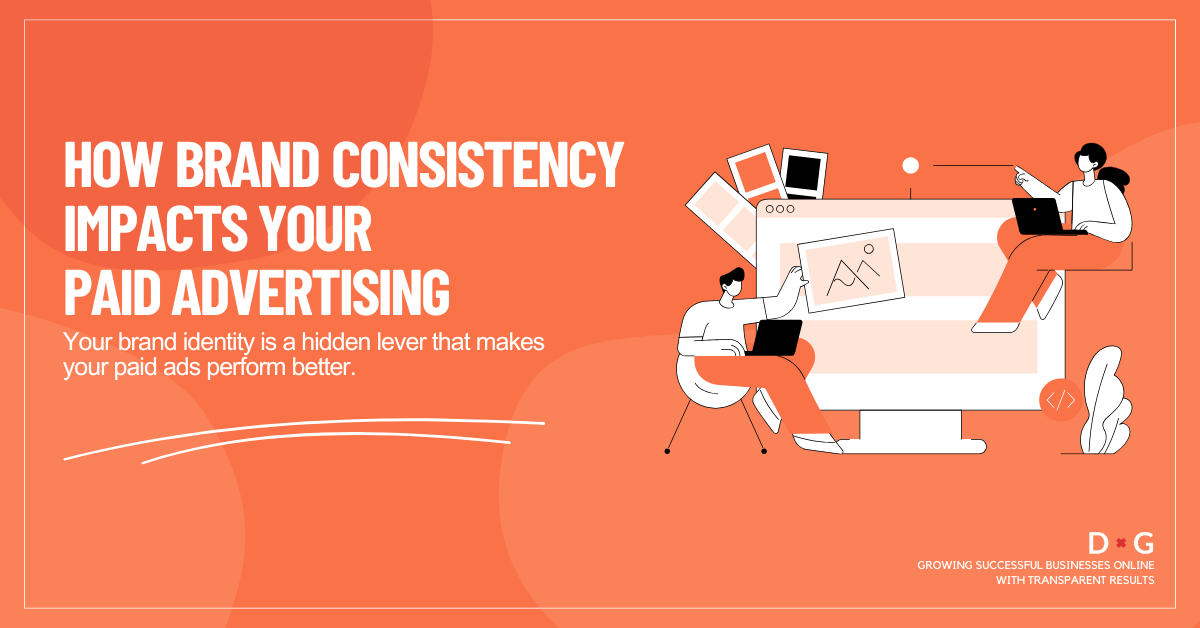 Illustration of a marketer analysing advertising performance, with consistent brand colours and elements, highlighting how brand consistency impacts paid advertising.