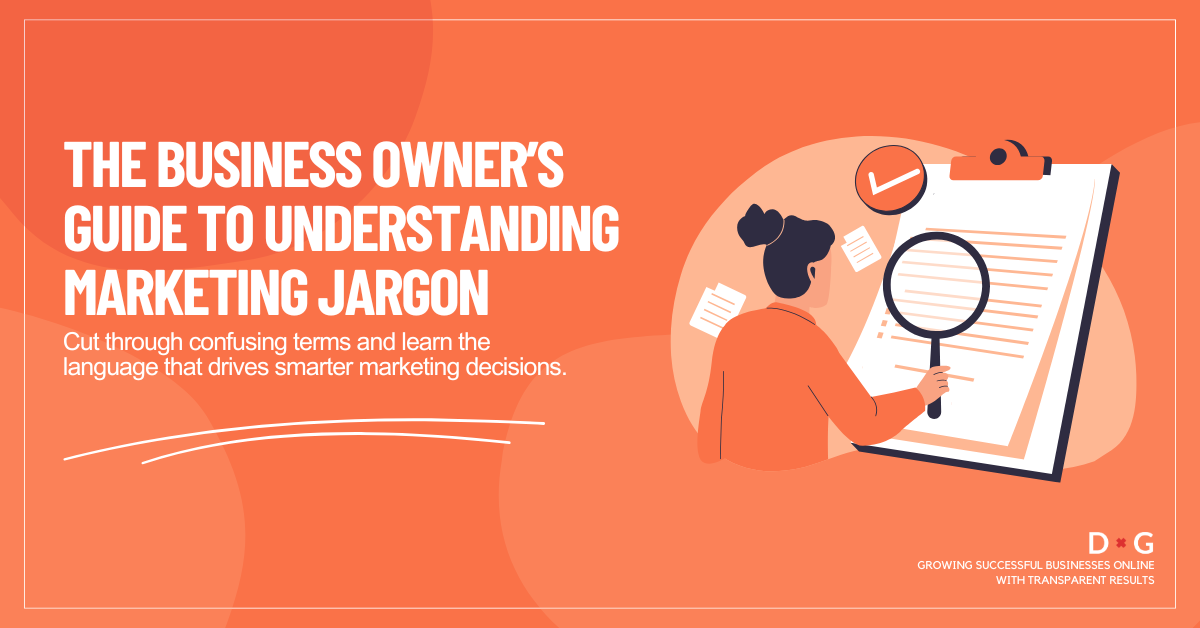 Digital illustration representing a business owner learning key marketing jargon and advertising metrics.